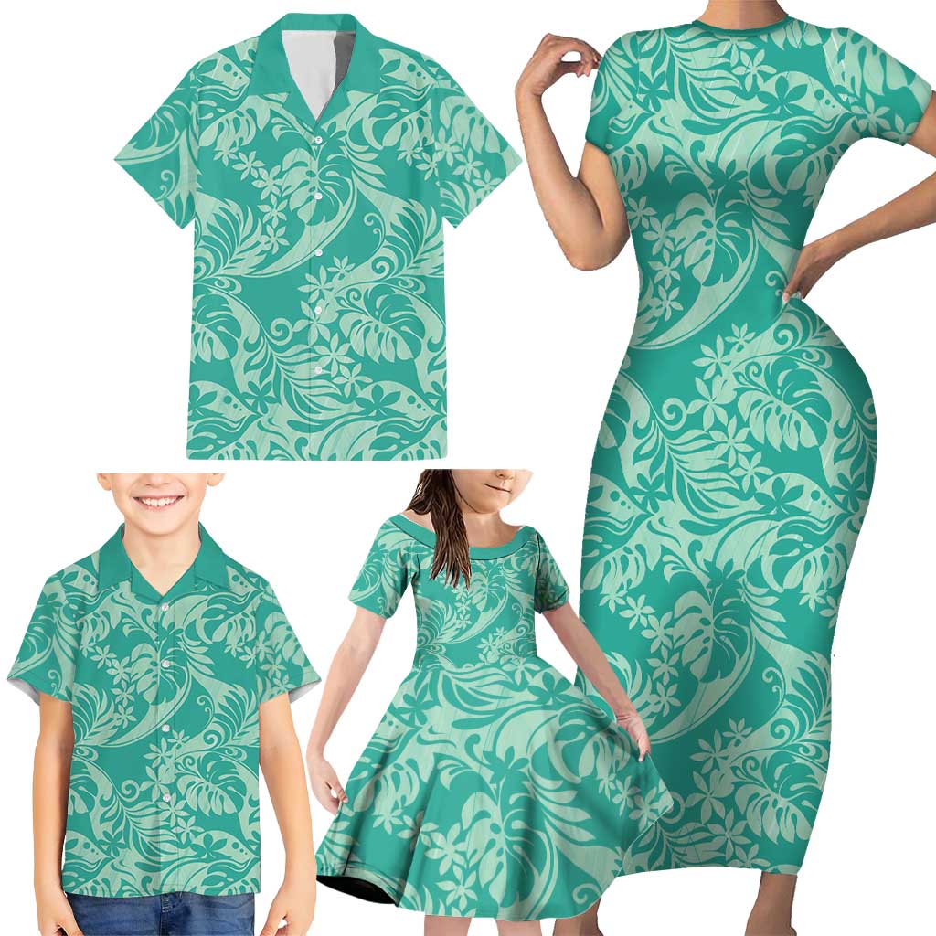 Tahiti Teal Tiare Floral Family Matching Short Sleeve Bodycon Dress and Hawaiian Shirt Monstera Palm Tropical Leaves - Polynesian Pride
