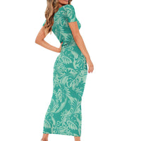 Tahiti Teal Tiare Floral Family Matching Short Sleeve Bodycon Dress and Hawaiian Shirt Monstera Palm Tropical Leaves LT01 - Polynesian Pride