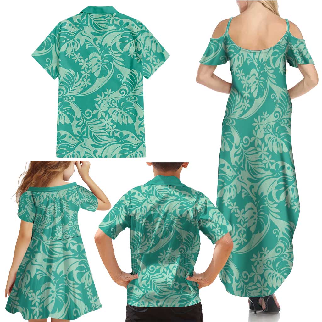 Tahiti Teal Tiare Floral Family Matching Summer Maxi Dress and Hawaiian Shirt Monstera Palm Tropical Leaves LT01 - Polynesian Pride