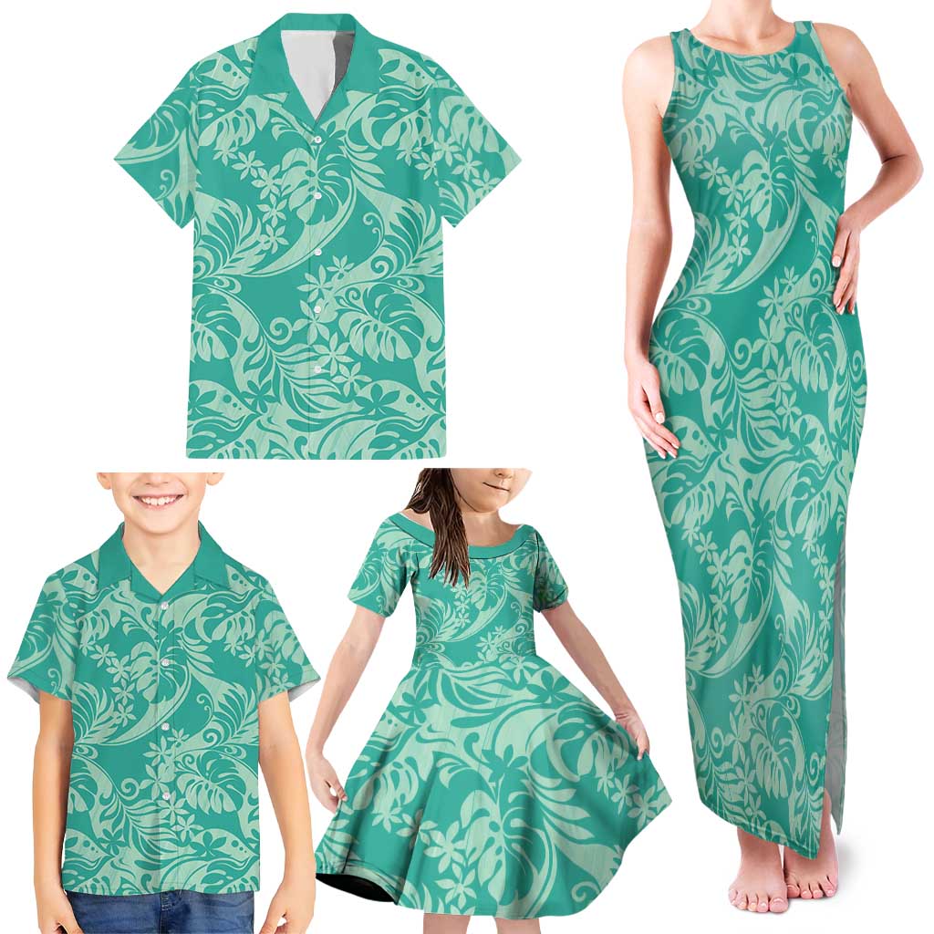 Tahiti Teal Tiare Floral Family Matching Tank Maxi Dress and Hawaiian Shirt Monstera Palm Tropical Leaves - Polynesian Pride