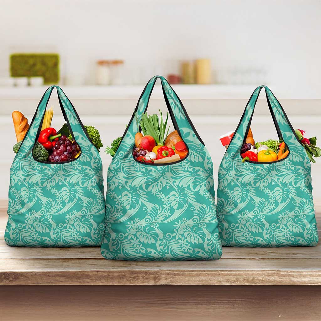 Tahiti Teal Tiare Floral Grocery Bag Monstera Palm Tropical Leaves - Polynesian Pride