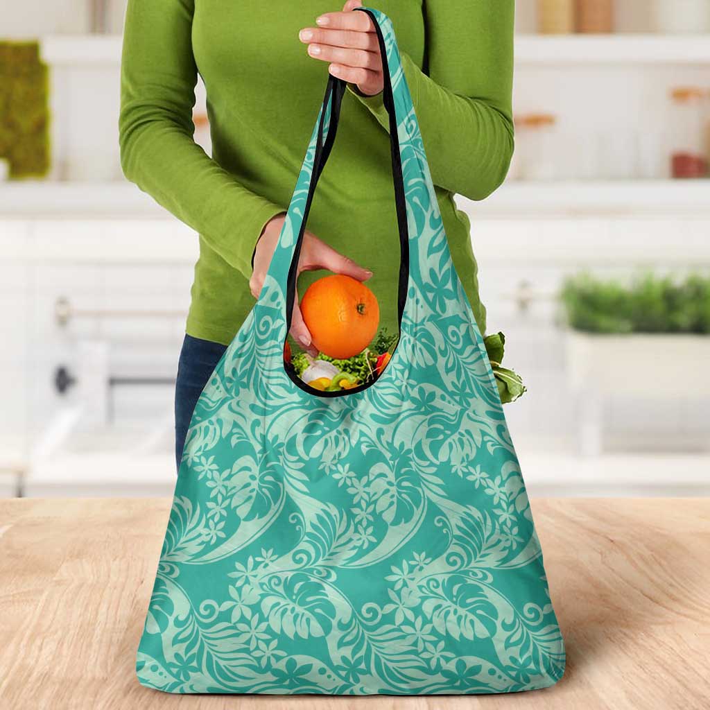 Tahiti Teal Tiare Floral Grocery Bag Monstera Palm Tropical Leaves - Polynesian Pride