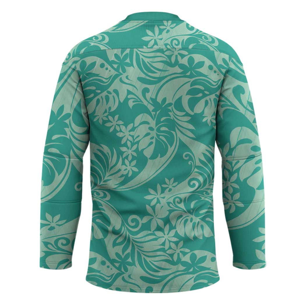 Tahiti Teal Tiare Floral Hockey Jersey Monstera Palm Tropical Leaves LT01 - Polynesian Pride