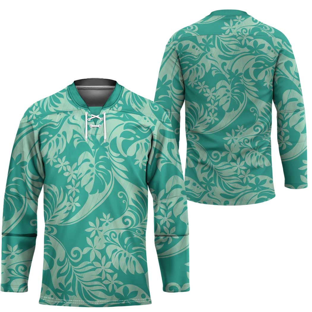 Tahiti Teal Tiare Floral Hockey Jersey Monstera Palm Tropical Leaves LT01 - Polynesian Pride