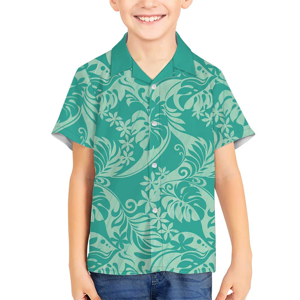Tahiti Teal Tiare Floral Kid Hawaiian Shirt Monstera Palm Tropical Leaves LT01 Kid Teal - Polynesian Pride