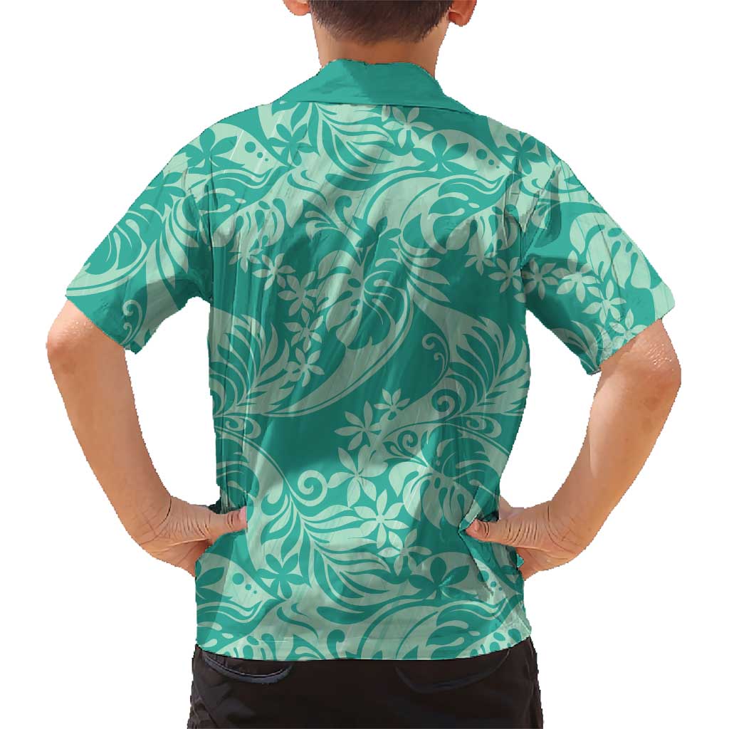 Tahiti Teal Tiare Floral Kid Hawaiian Shirt Monstera Palm Tropical Leaves LT01 - Polynesian Pride