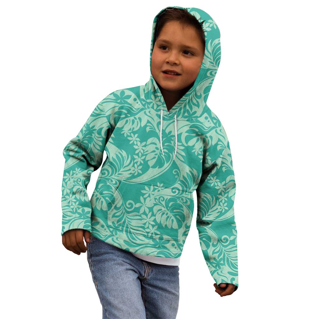 Tahiti Teal Tiare Floral Kid Hoodie Monstera Palm Tropical Leaves - Polynesian Pride