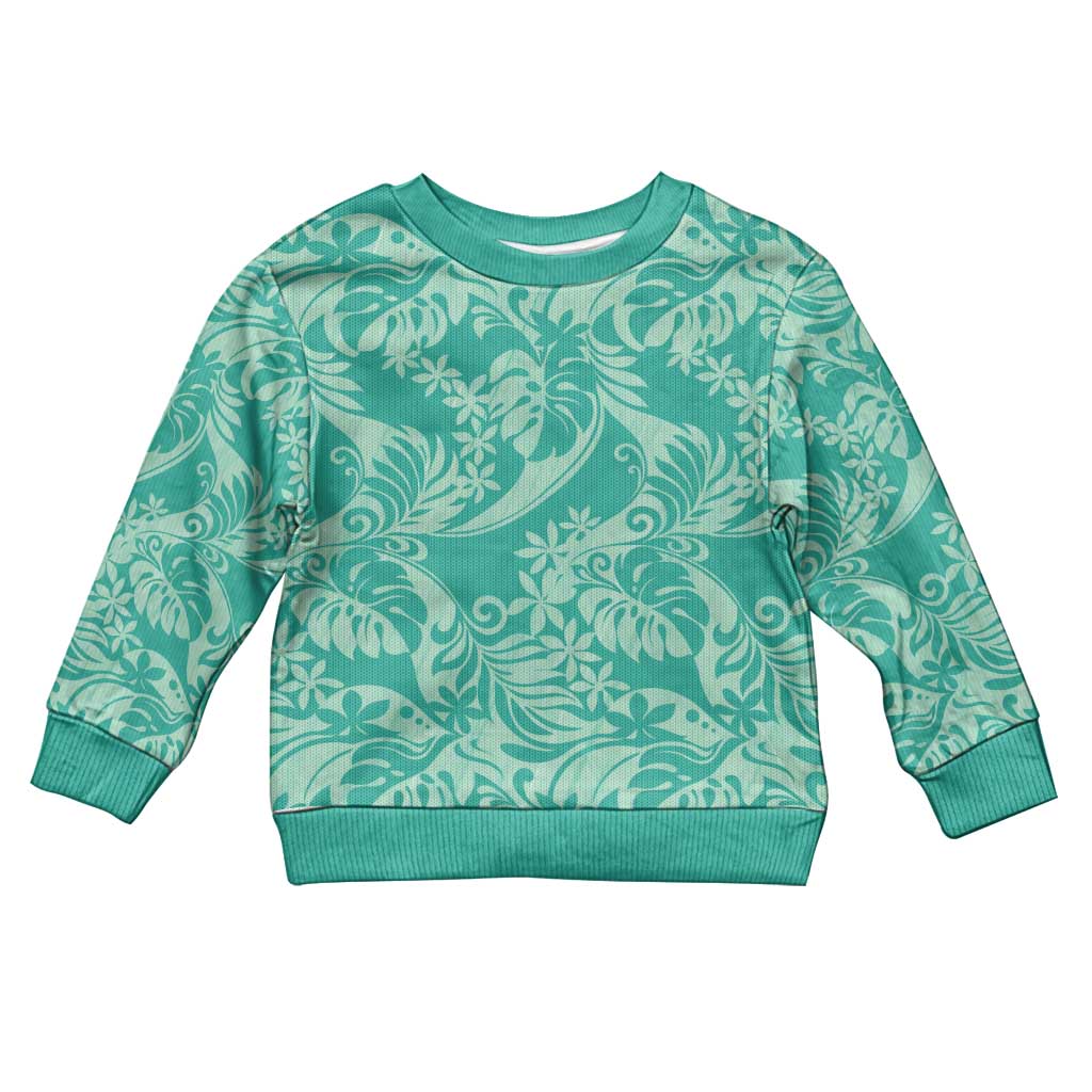 Tahiti Teal Tiare Floral Kid Ugly Christmas Sweater Monstera Palm Tropical Leaves LT01 Kid Teal - Polynesian Pride