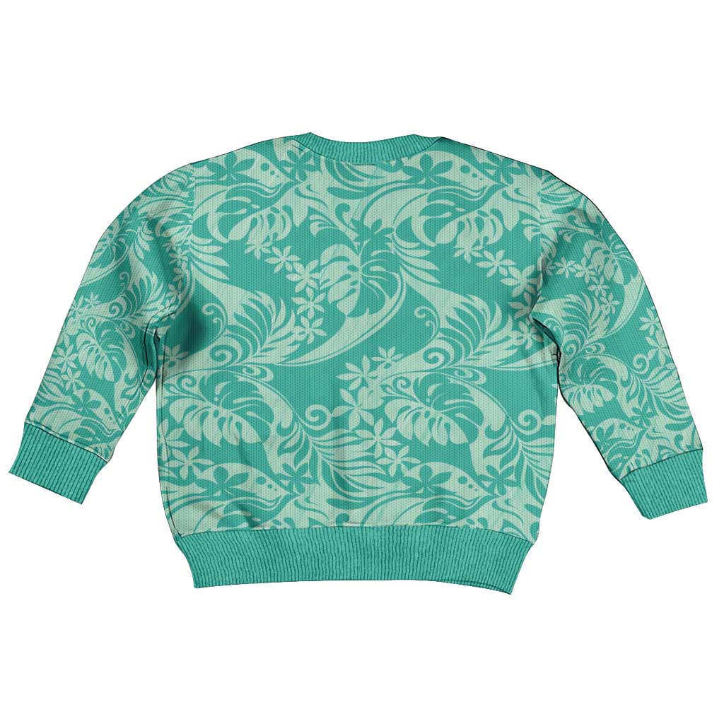 Tahiti Teal Tiare Floral Kid Ugly Christmas Sweater Monstera Palm Tropical Leaves LT01 - Polynesian Pride