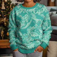 Tahiti Teal Tiare Floral Kid Ugly Christmas Sweater Monstera Palm Tropical Leaves LT01 - Polynesian Pride