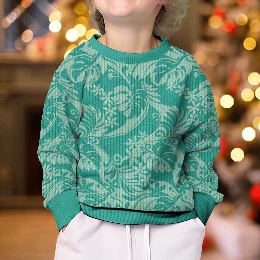 Tahiti Teal Tiare Floral Kid Ugly Christmas Sweater Monstera Palm Tropical Leaves LT01 - Polynesian Pride