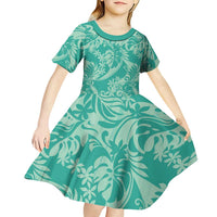 Tahiti Teal Tiare Floral Kid Short Sleeve Dress Monstera Palm Tropical Leaves LT01 - Polynesian Pride
