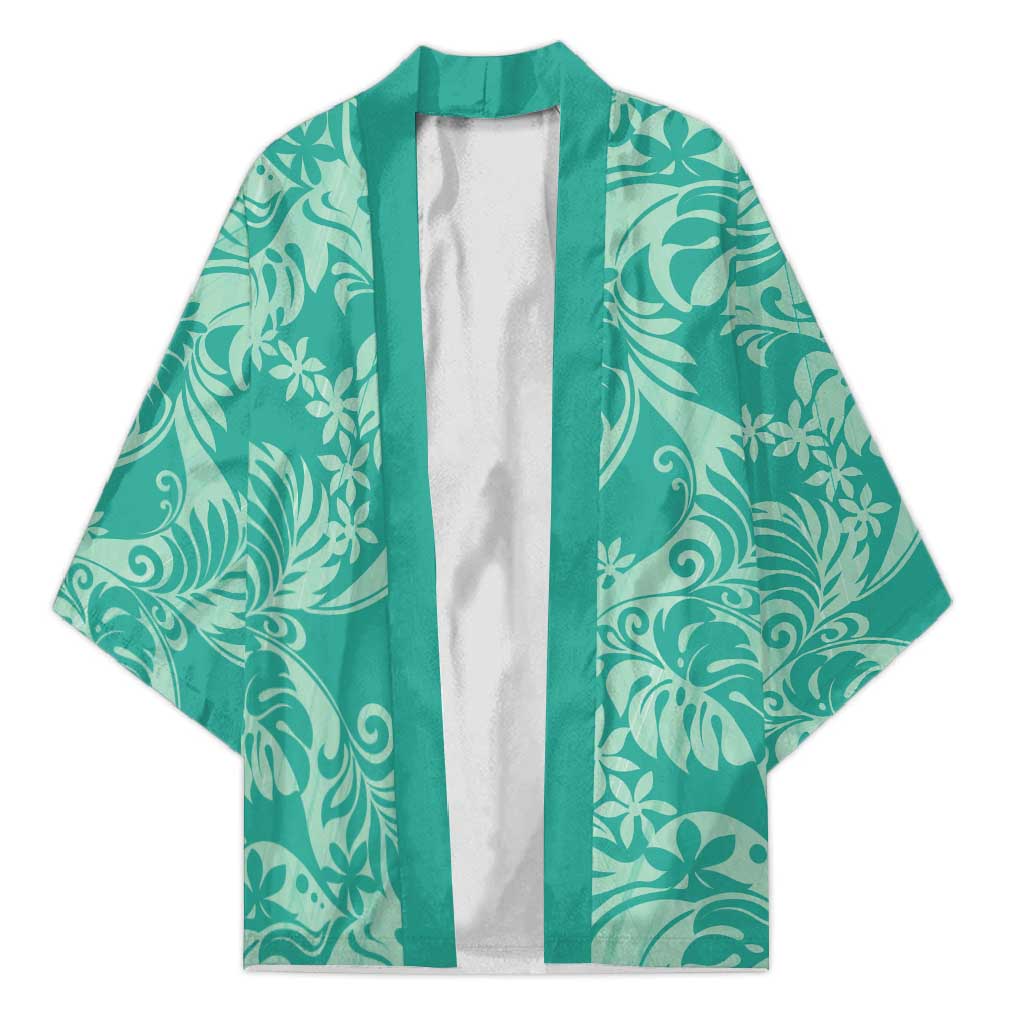 Tahiti Teal Tiare Floral Kimono Monstera Palm Tropical Leaves LT01 Unisex Teal - Polynesian Pride