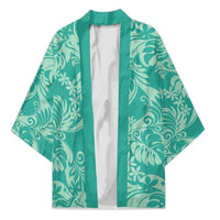 Tahiti Teal Tiare Floral Kimono Monstera Palm Tropical Leaves LT01 Unisex Teal - Polynesian Pride