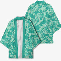 Tahiti Teal Tiare Floral Kimono Monstera Palm Tropical Leaves LT01 - Polynesian Pride
