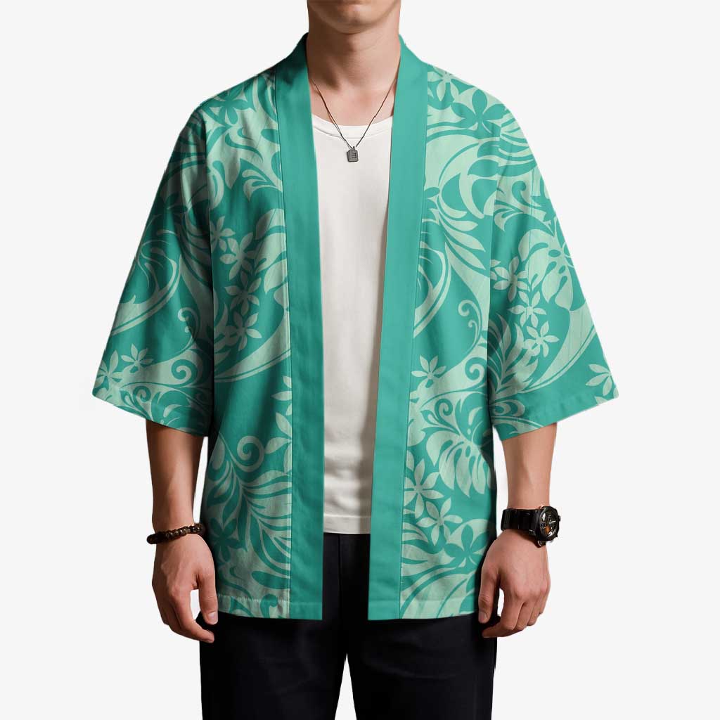 Tahiti Teal Tiare Floral Kimono Monstera Palm Tropical Leaves LT01 - Polynesian Pride