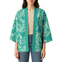 Tahiti Teal Tiare Floral Kimono Monstera Palm Tropical Leaves LT01 - Polynesian Pride