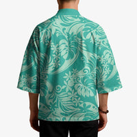 Tahiti Teal Tiare Floral Kimono Monstera Palm Tropical Leaves LT01 - Polynesian Pride