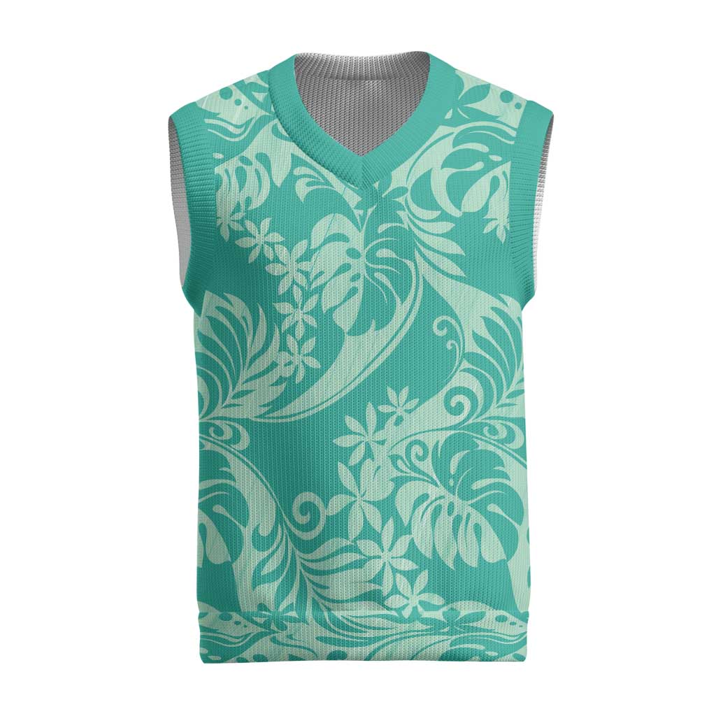 Tahiti Teal Tiare Floral Christmas Knitted V-Neck Vest Monstera Palm Tropical Leaves LT01 Teal - Polynesian Pride