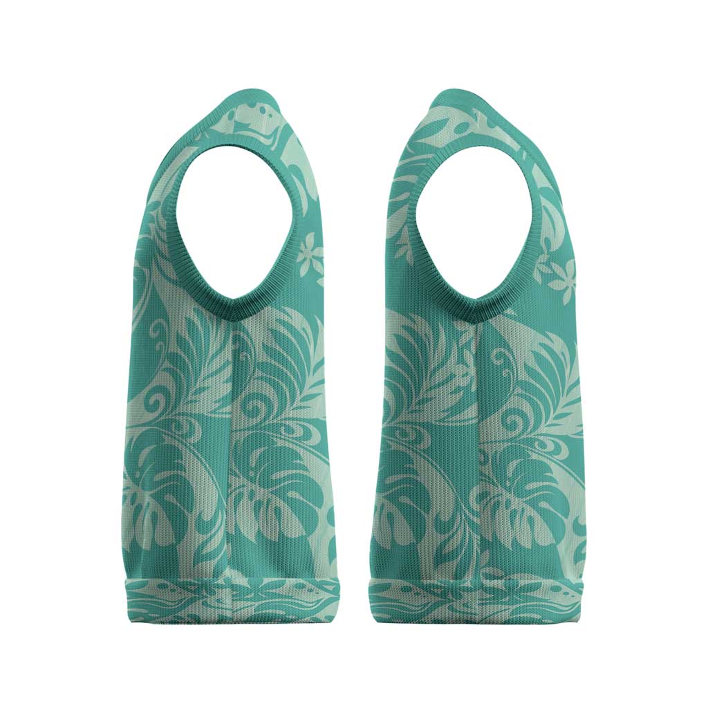 Tahiti Teal Tiare Floral Christmas Knitted V-Neck Vest Monstera Palm Tropical Leaves LT01 - Polynesian Pride