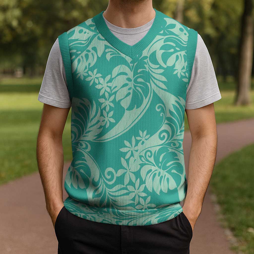 Tahiti Teal Tiare Floral Christmas Knitted V-Neck Vest Monstera Palm Tropical Leaves LT01 - Polynesian Pride