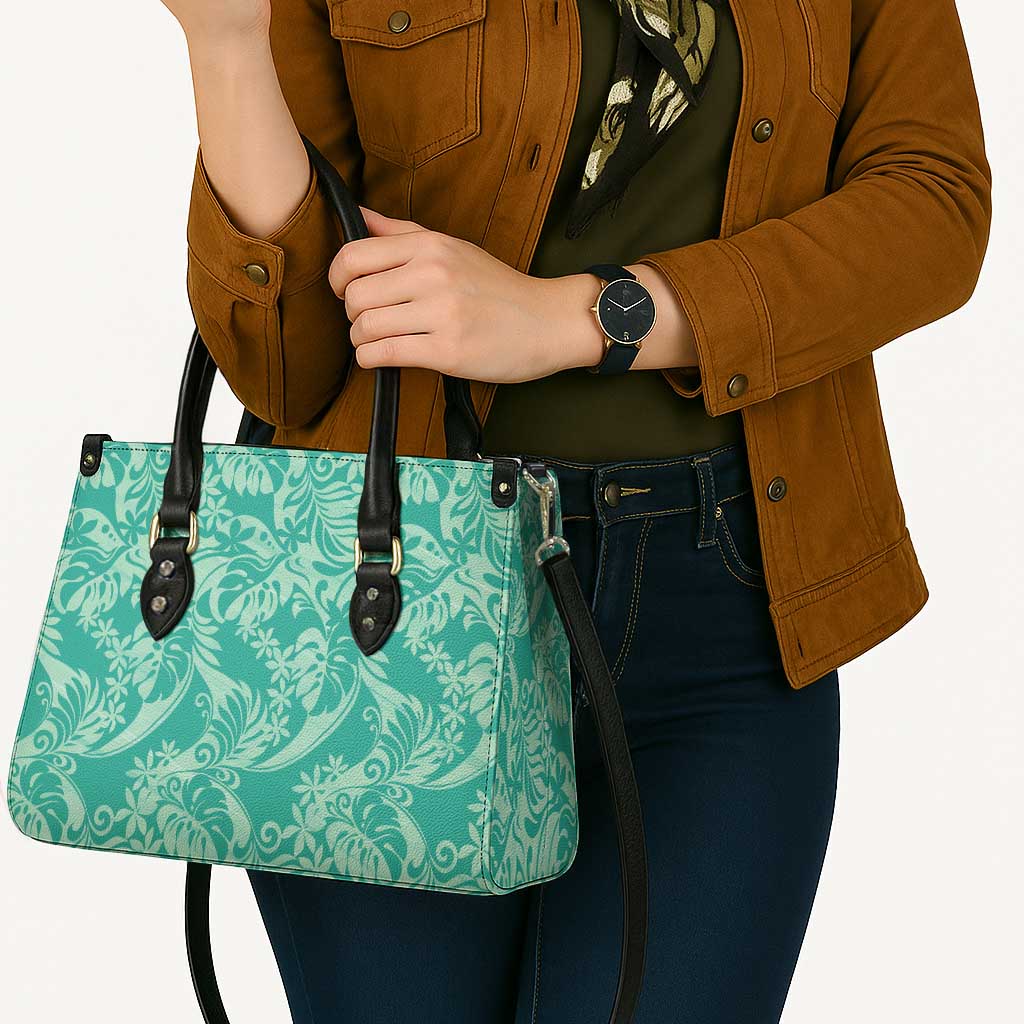 Tahiti Teal Tiare Floral Leather Bag Monstera Palm Tropical Leaves LT01 - Polynesian Pride