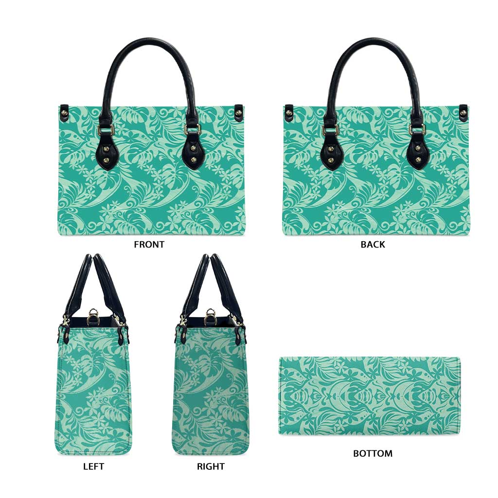 Tahiti Teal Tiare Floral Leather Bag Monstera Palm Tropical Leaves LT01 - Polynesian Pride