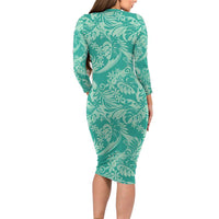 Tahiti Teal Tiare Floral Long Sleeve Bodycon Dress Monstera Palm Tropical Leaves LT01 - Polynesian Pride