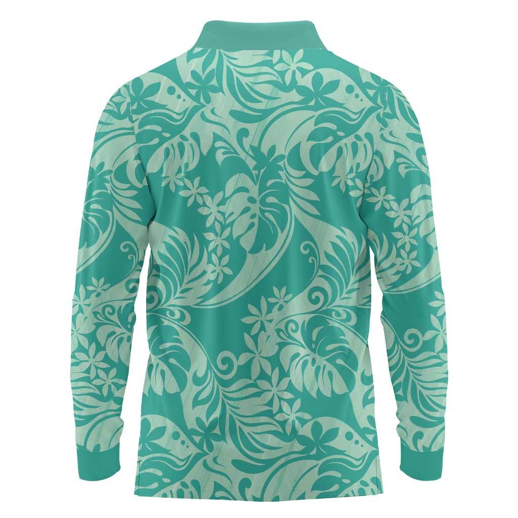 Tahiti Teal Tiare Floral Long Sleeve Polo Shirt Monstera Palm Tropical Leaves LT01 - Polynesian Pride