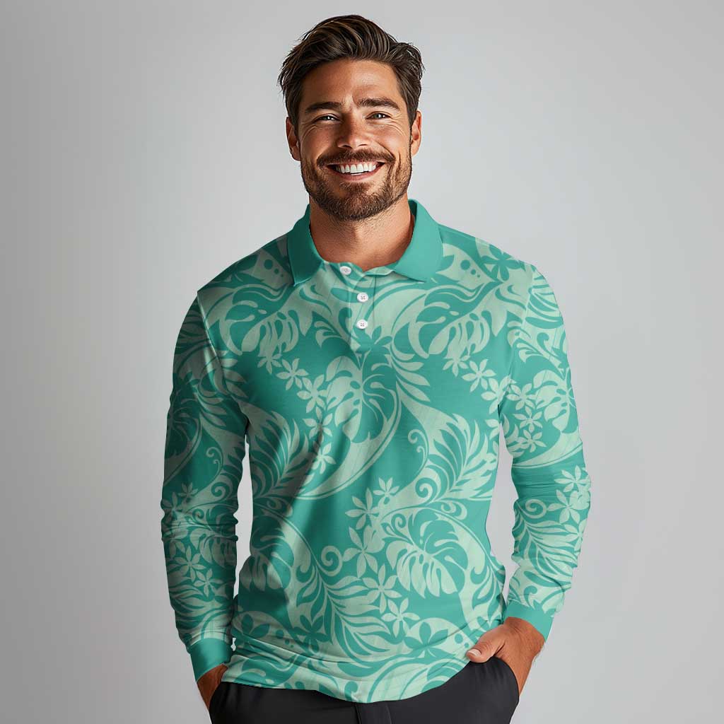 Tahiti Teal Tiare Floral Long Sleeve Polo Shirt Monstera Palm Tropical Leaves LT01 - Polynesian Pride