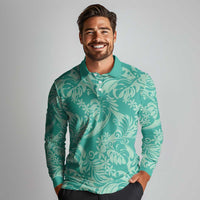 Tahiti Teal Tiare Floral Long Sleeve Polo Shirt Monstera Palm Tropical Leaves LT01 - Polynesian Pride