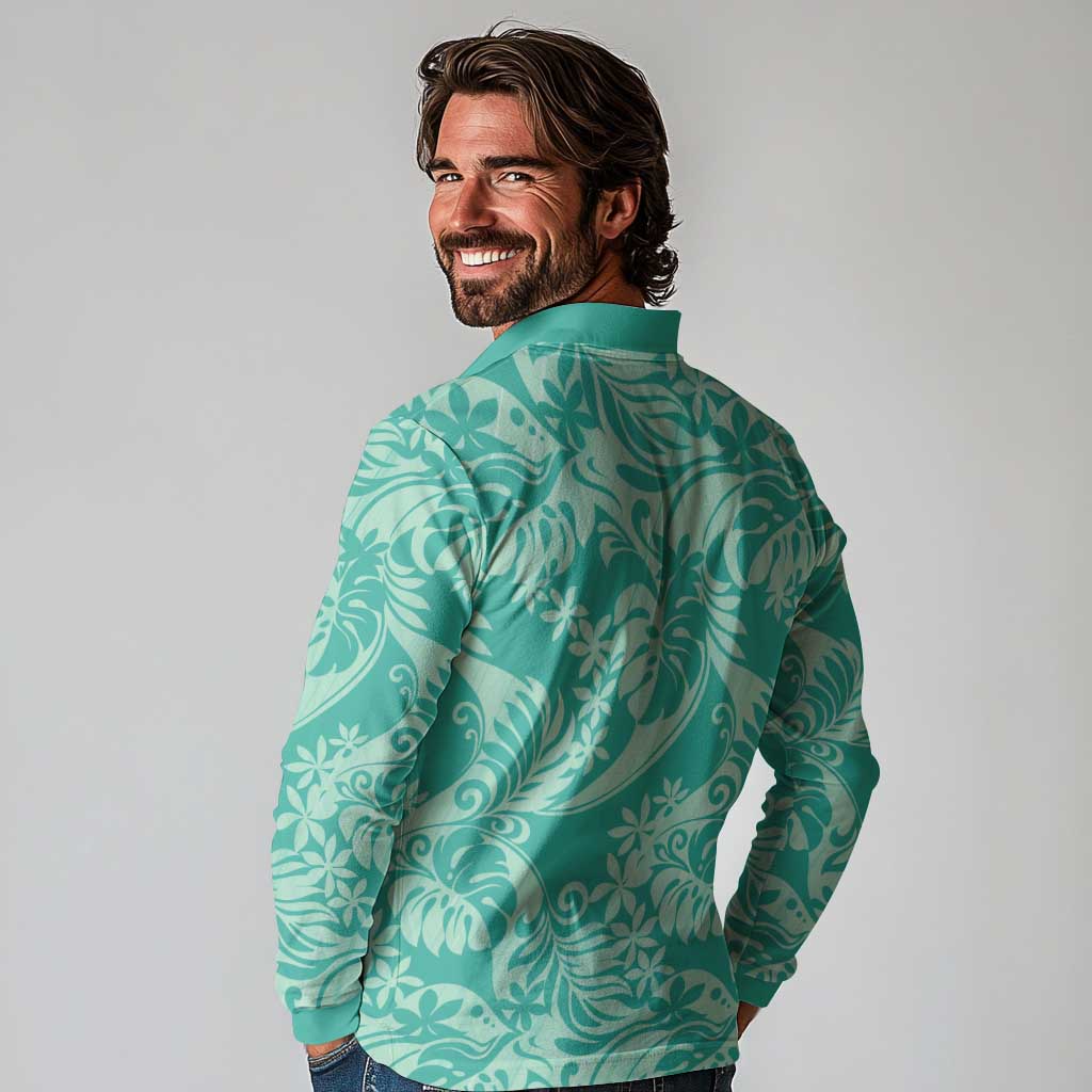 Tahiti Teal Tiare Floral Long Sleeve Polo Shirt Monstera Palm Tropical Leaves LT01 - Polynesian Pride