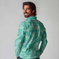 Tahiti Teal Tiare Floral Long Sleeve Polo Shirt Monstera Palm Tropical Leaves LT01 - Polynesian Pride
