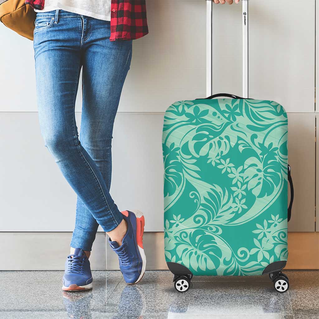 Tahiti Teal Tiare Floral Luggage Cover Monstera Palm Tropical Leaves LT01 - Polynesian Pride