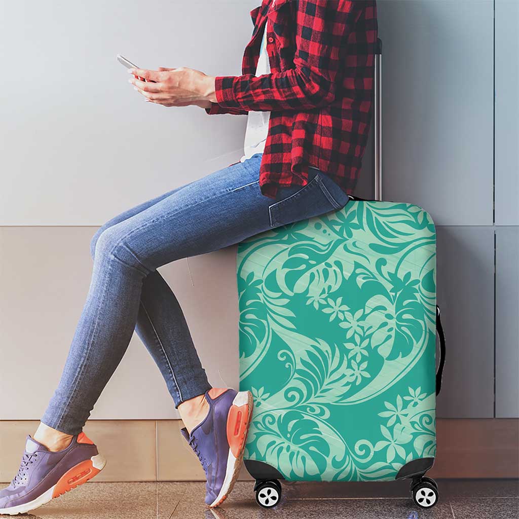 Tahiti Teal Tiare Floral Luggage Cover Monstera Palm Tropical Leaves LT01 - Polynesian Pride