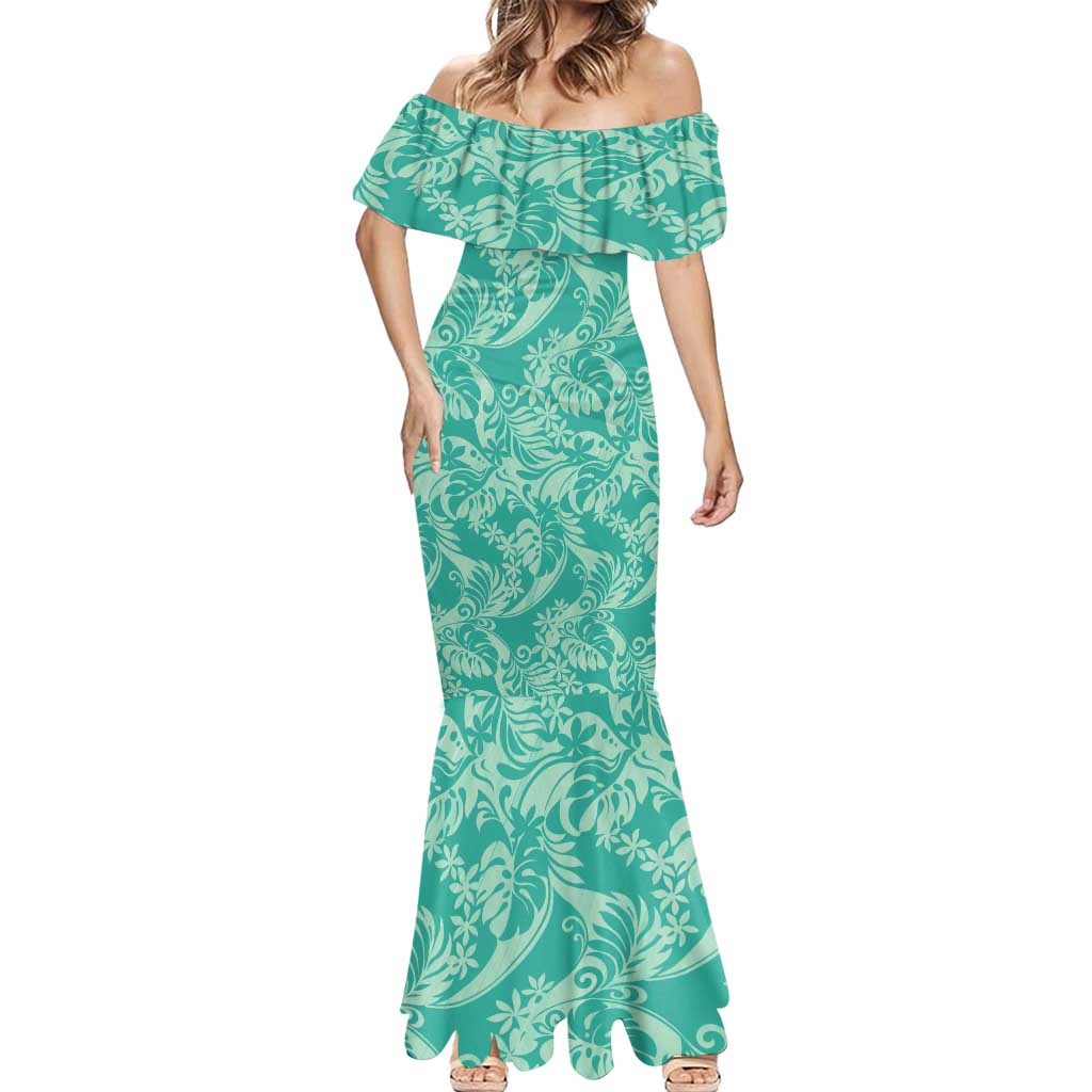 Tahiti Teal Tiare Floral Mermaid Dress Monstera Palm Tropical Leaves LT01 - Polynesian Pride