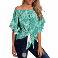 Tahiti Teal Tiare Floral Off Shoulder Wrap Waist Top Monstera Palm Tropical Leaves LT01 - Polynesian Pride