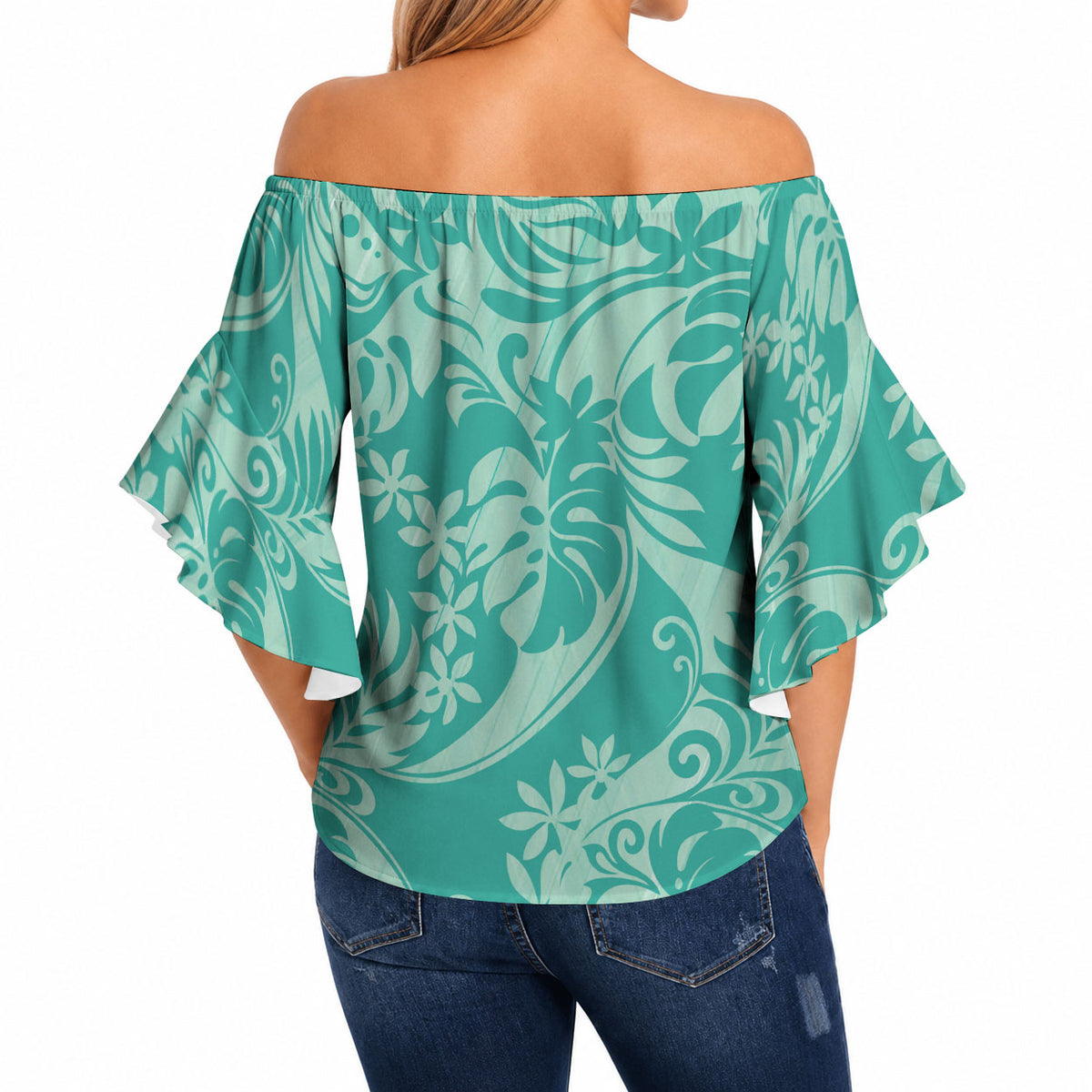 Tahiti Teal Tiare Floral Off Shoulder Wrap Waist Top Monstera Palm Tropical Leaves LT01 - Polynesian Pride