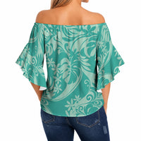 Tahiti Teal Tiare Floral Off Shoulder Wrap Waist Top Monstera Palm Tropical Leaves LT01 - Polynesian Pride