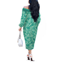 Tahiti Teal Tiare Floral Off The Shoulder Long Sleeve Dress Monstera Palm Tropical Leaves LT01 - Polynesian Pride
