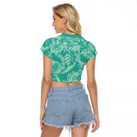 Tahiti Teal Tiare Floral Raglan Cropped T Shirt Monstera Palm Tropical Leaves LT01 - Polynesian Pride