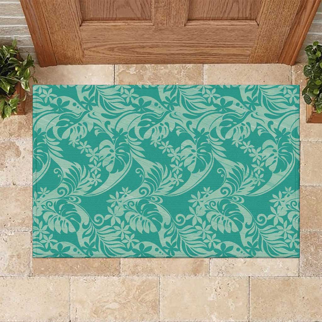 Tahiti Teal Tiare Floral Rubber Doormat Monstera Palm Tropical Leaves LT01 Teal - Polynesian Pride