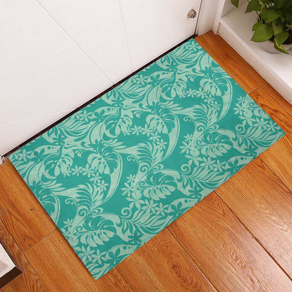 Tahiti Teal Tiare Floral Rubber Doormat Monstera Palm Tropical Leaves LT01 - Polynesian Pride
