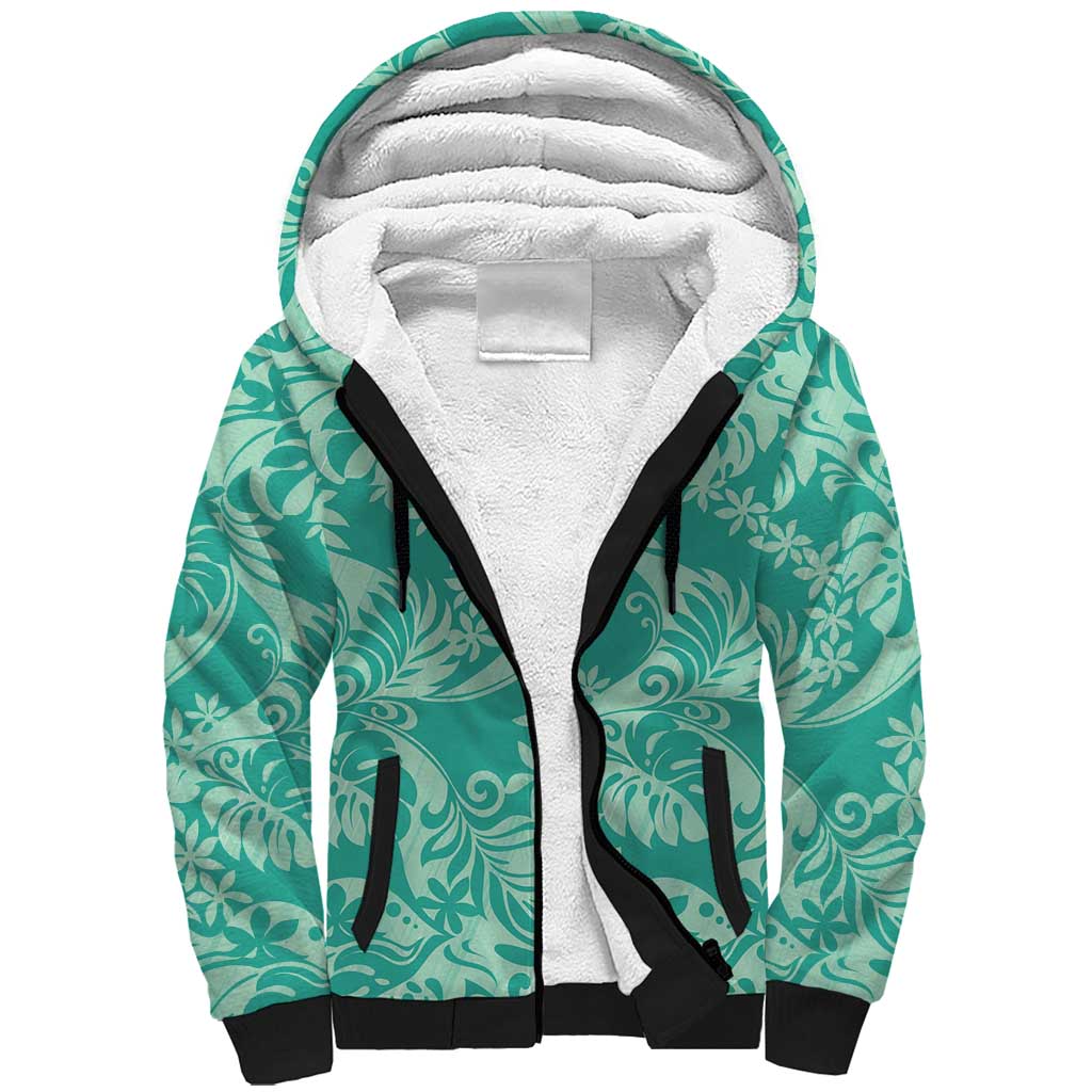 Tahiti Teal Tiare Floral Sherpa Hoodie Monstera Palm Tropical Leaves LT01 Unisex Teal - Polynesian Pride