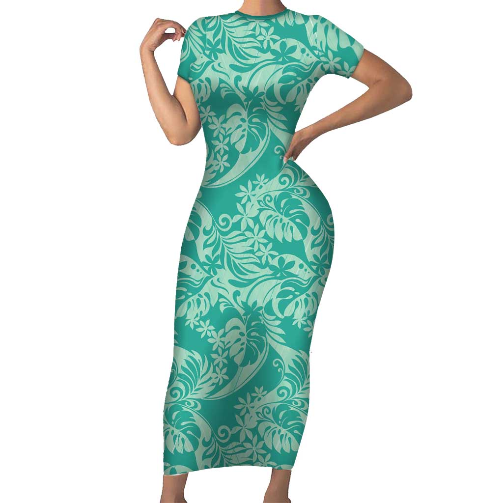 Tahiti Teal Tiare Floral Short Sleeve Bodycon Dress Monstera Palm Tropical Leaves LT01 Long Dress Teal - Polynesian Pride