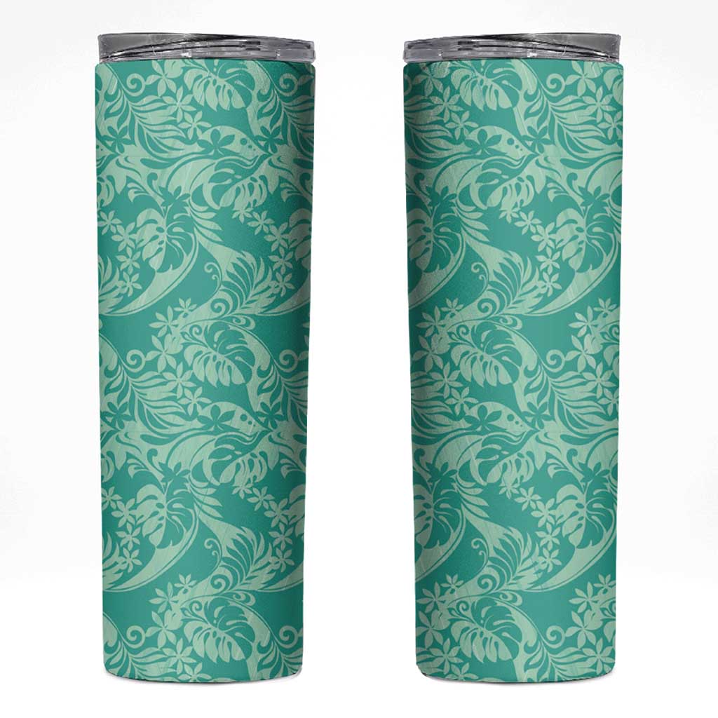 Tahiti Teal Tiare Floral Skinny Tumbler Monstera Palm Tropical Leaves LT01 Teal - Polynesian Pride