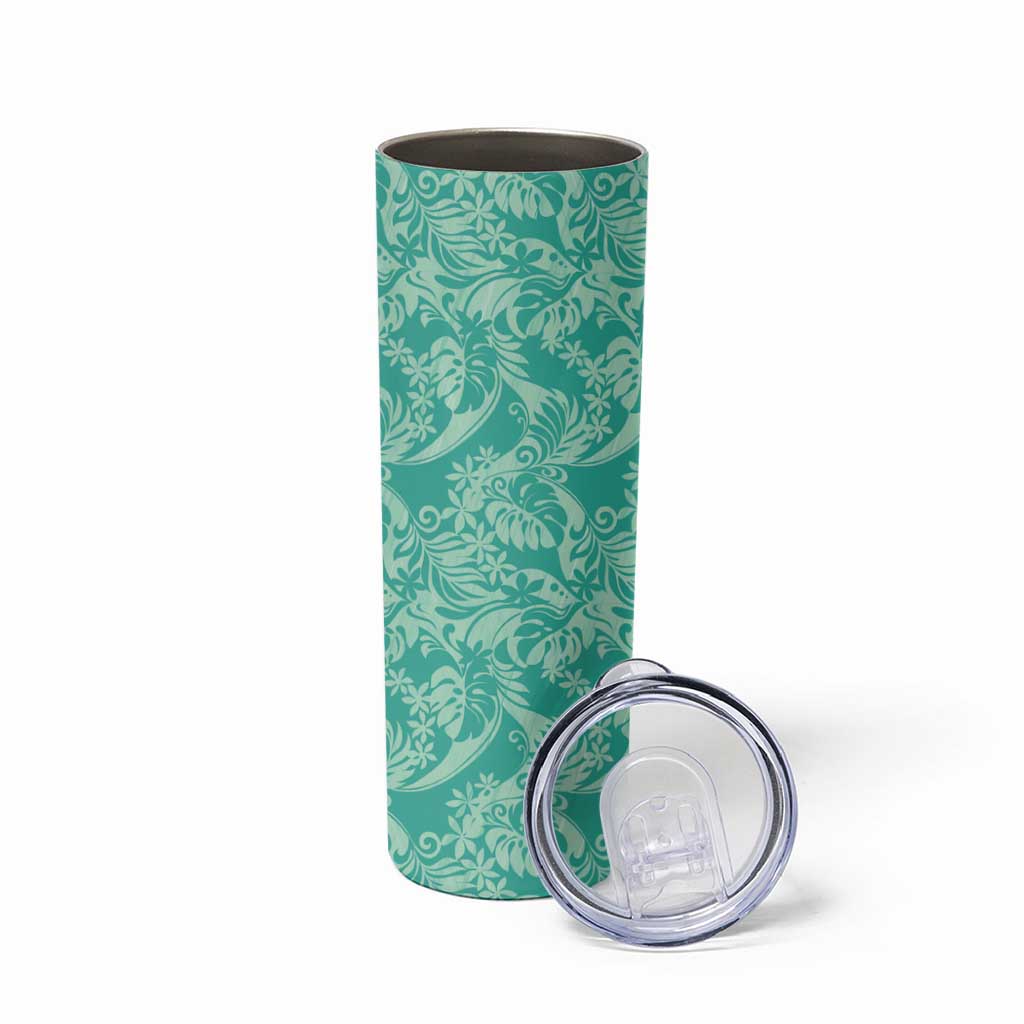 Tahiti Teal Tiare Floral Skinny Tumbler Monstera Palm Tropical Leaves LT01 - Polynesian Pride