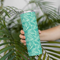 Tahiti Teal Tiare Floral Skinny Tumbler Monstera Palm Tropical Leaves LT01 - Polynesian Pride