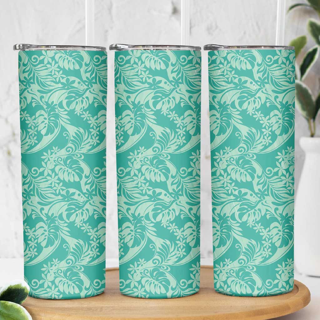 Tahiti Teal Tiare Floral Skinny Tumbler Monstera Palm Tropical Leaves LT01 - Polynesian Pride
