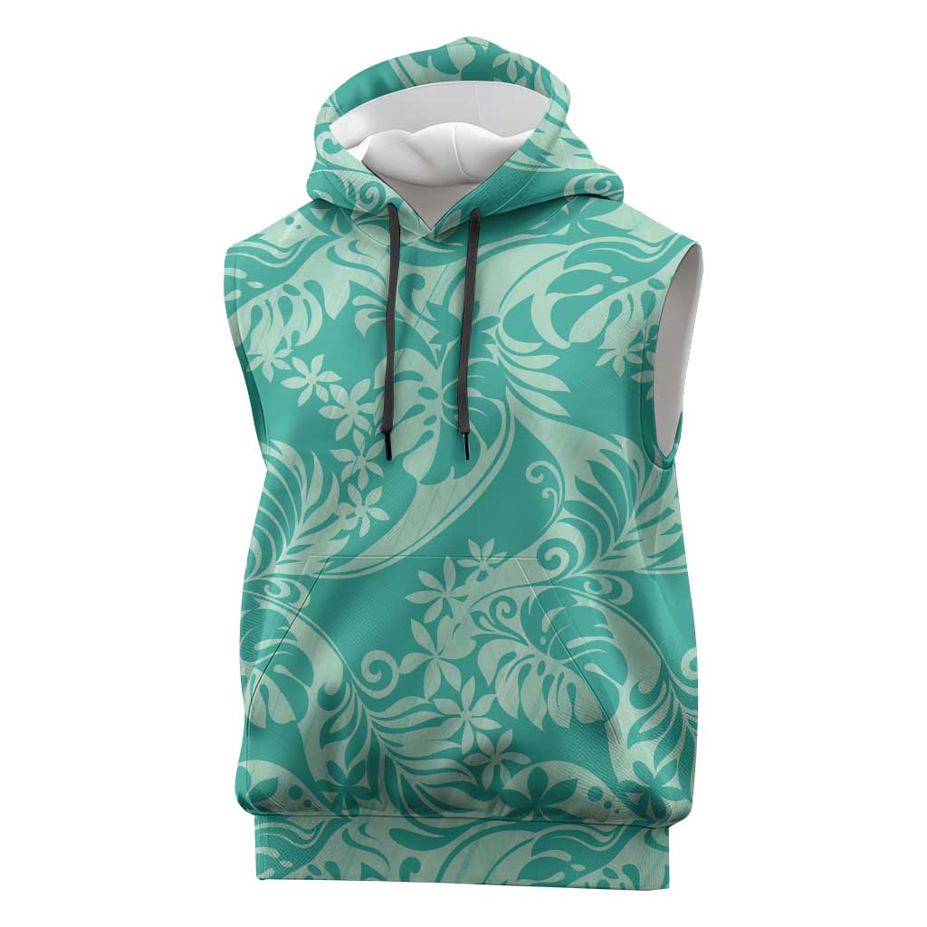Tahiti Teal Tiare Floral Sleeveless Hoodie Monstera Palm Tropical Leaves LT01 Teal - Polynesian Pride